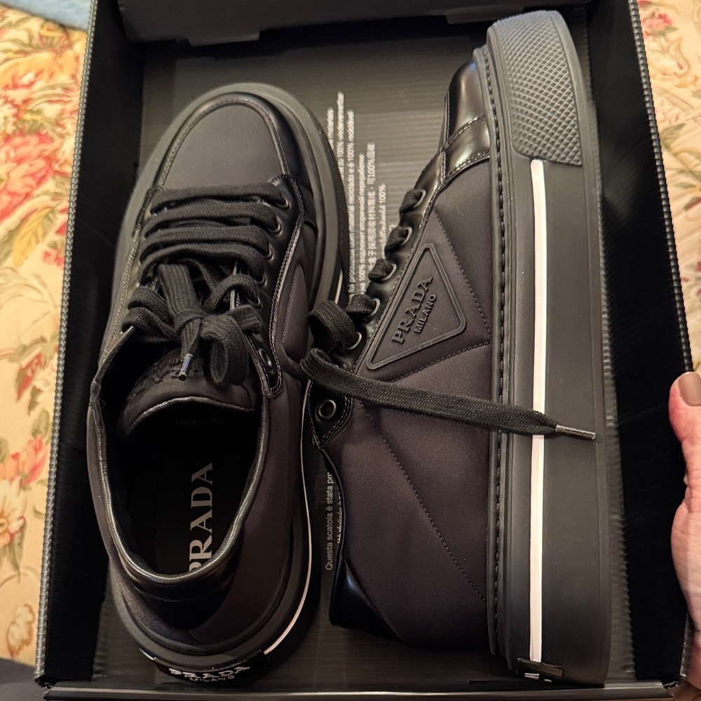 Prada Unisex Black Leather and Nylon Sneakers Size 41 women’s size 11B